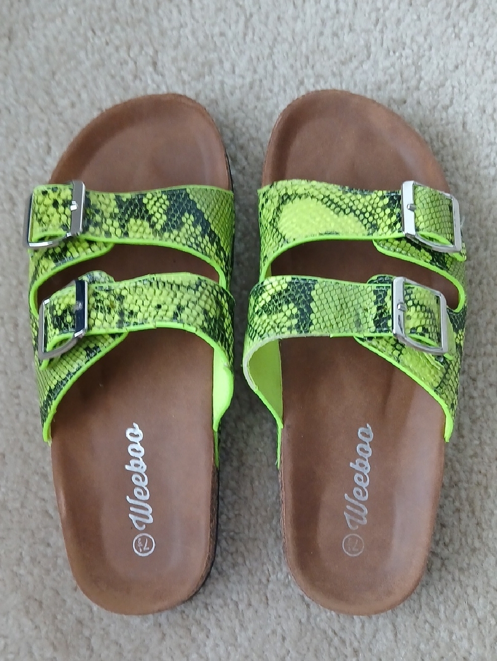 Weeboo Neon Green Snake Print Double Buckle Slide Sandals 7 1/2